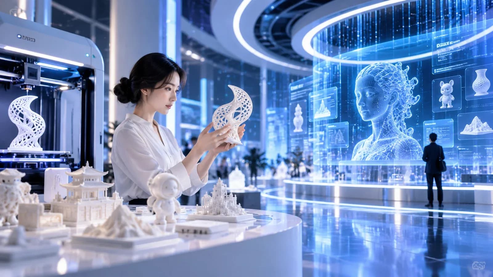 3D 打印、创意模型与蓝色数字交互展厅，概念视觉