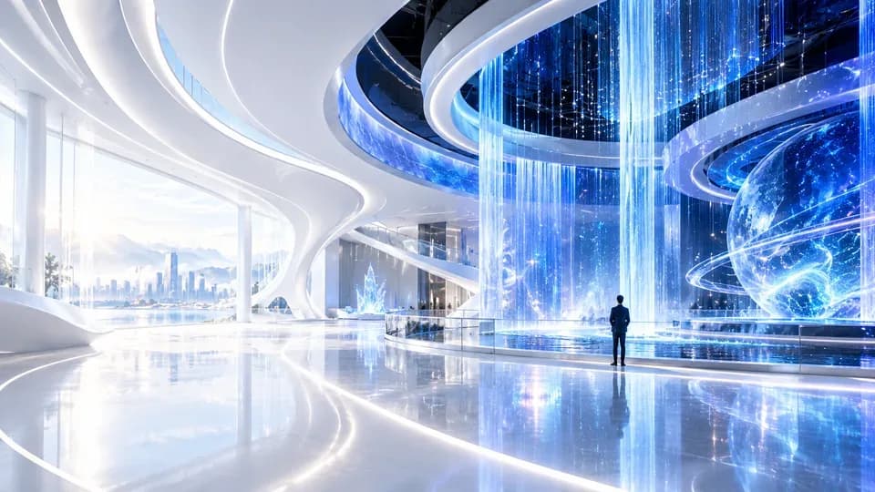 蓝色数字光影构成的文化展厅，AI 生成概念配图
